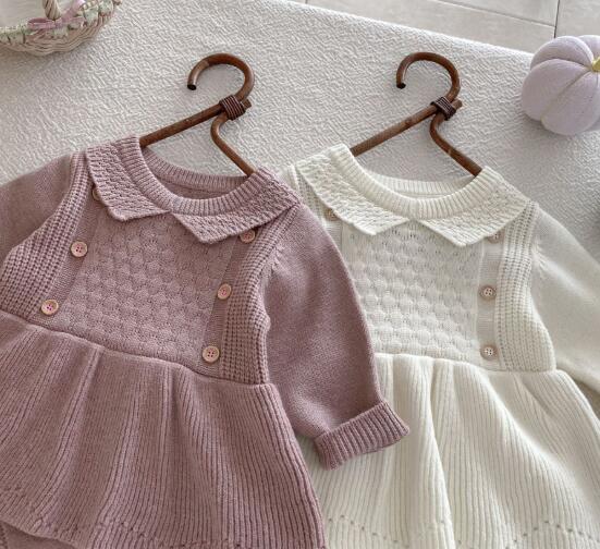 ベビー服 新作ニットロンパース長袖カバーオール襟付き２色展開