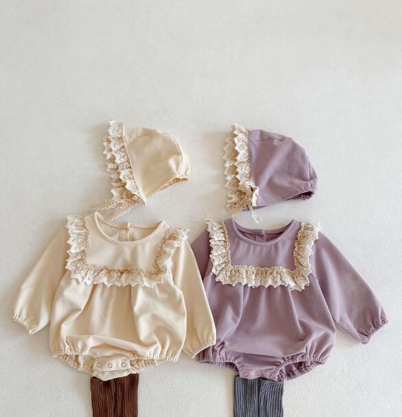 ベビー服 新生児連体服レース付きお嬢様風帽子セット