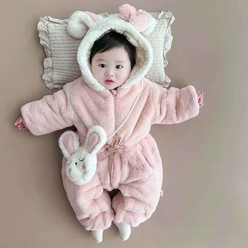ベビー服 うさぎ耳付きもこもこフード防寒ロンパース