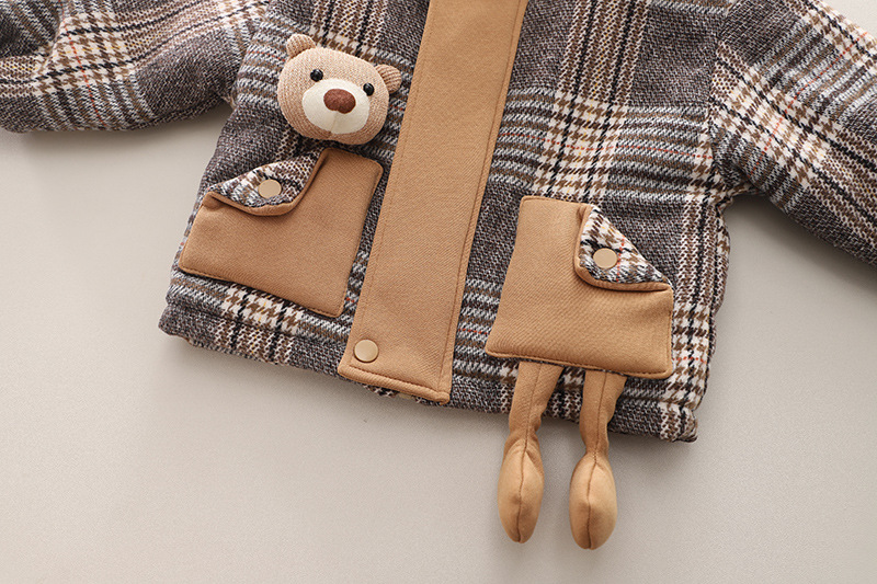 ベビー服 くまさんワッペン付きチェック柄フード付き中綿ジャケット アウター