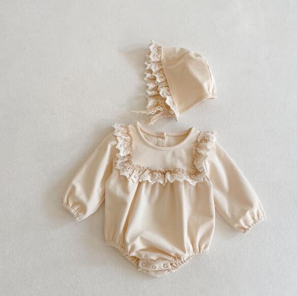 ベビー服 新生児連体服レース付きお嬢様風帽子セット