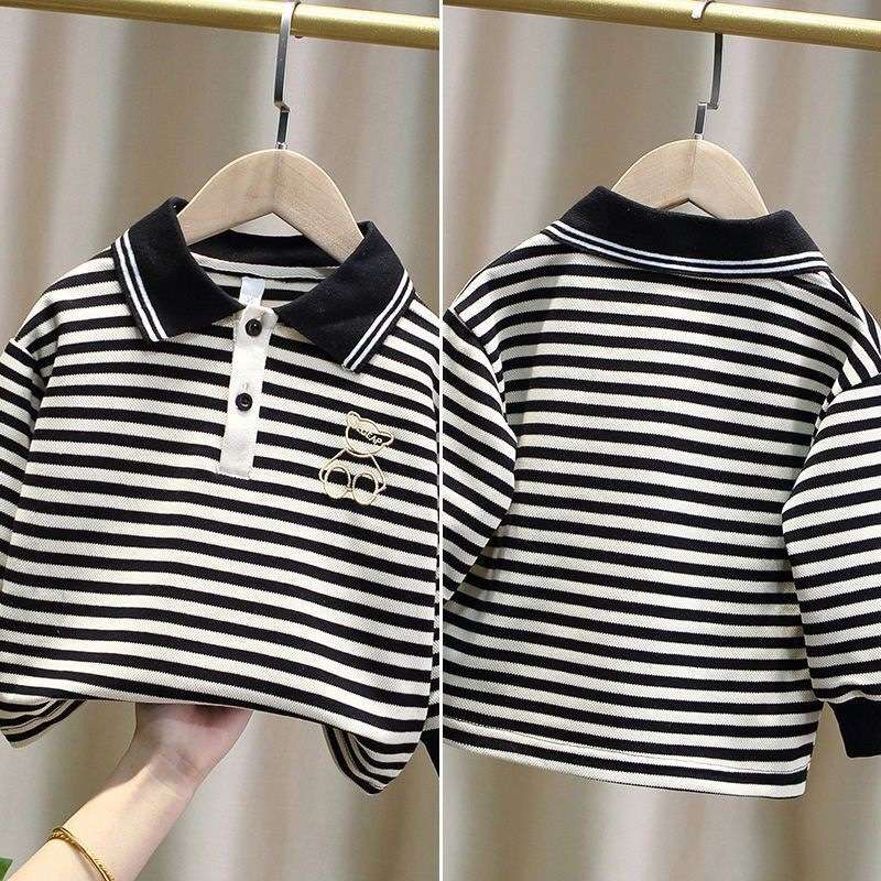 ベビー服  ボーダー柄ベビー用長袖ポロシャツ