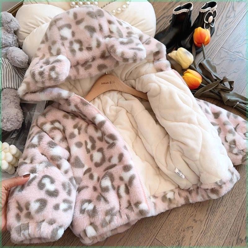 ベビー服 豹柄ふわふわもこもこ耳付きフード付きベビーボアジャケット アウター