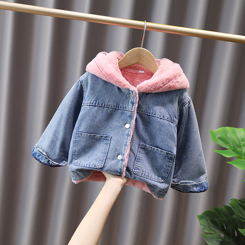 ベビー服 うさ耳フード付きもこもこ裏地デニムジャケット　アウター
