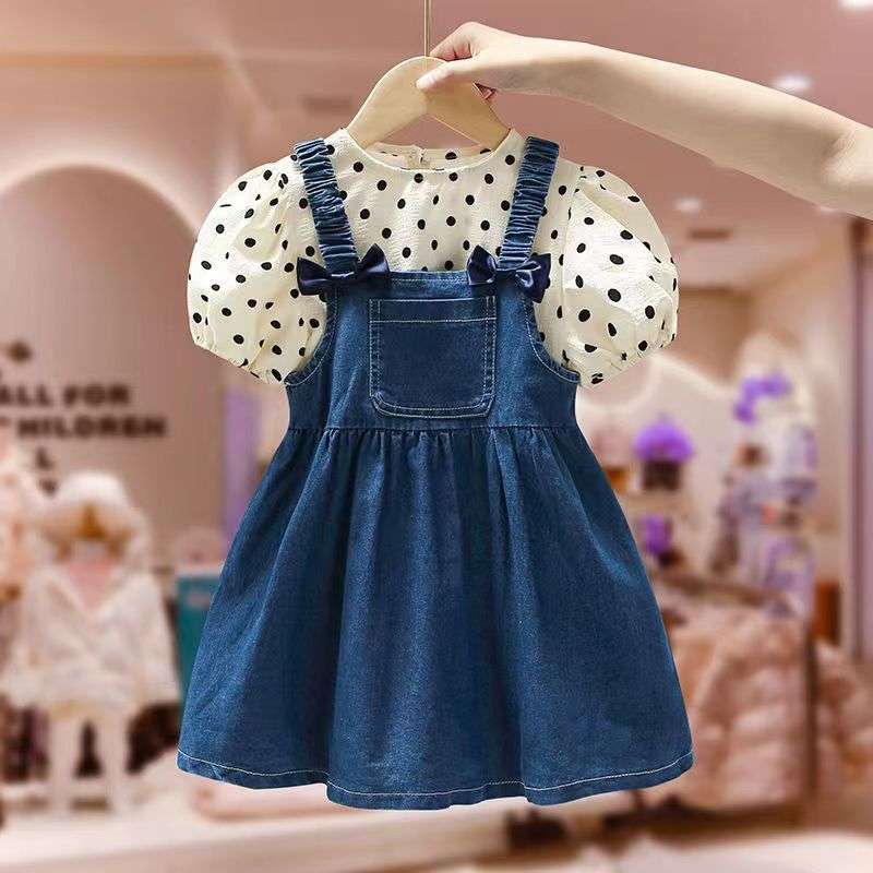 ベビー服  水玉ブラウス付きデニムジャンパースカート