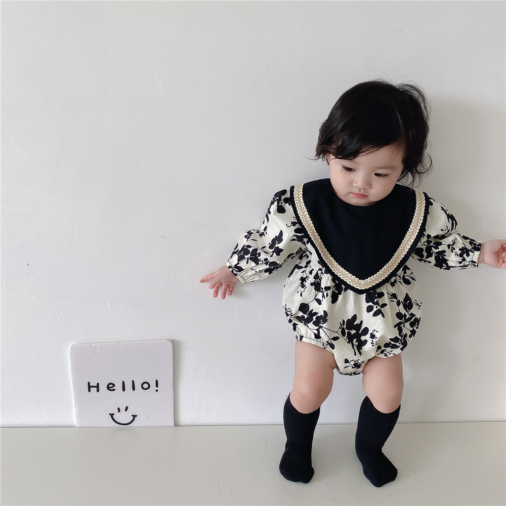 ベビー服 花柄ロンパース 女の子 韓国風 長袖 可愛い襟付き
