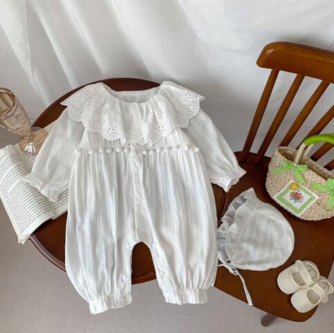 ベビー服 女の子用上品なレース襟付き帽子付きロンパースセット 