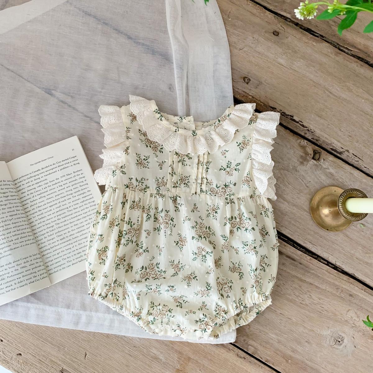 花柄フリル袖ロンパース 韓国風ベビー服 可愛い連体服