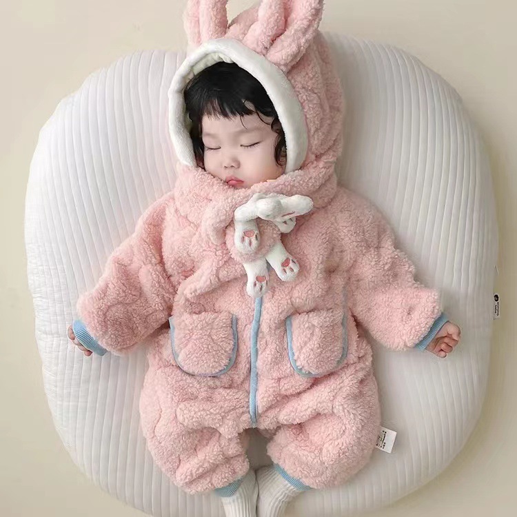 ベビー服 うさぎ耳付きもこもこフード付きロンパース