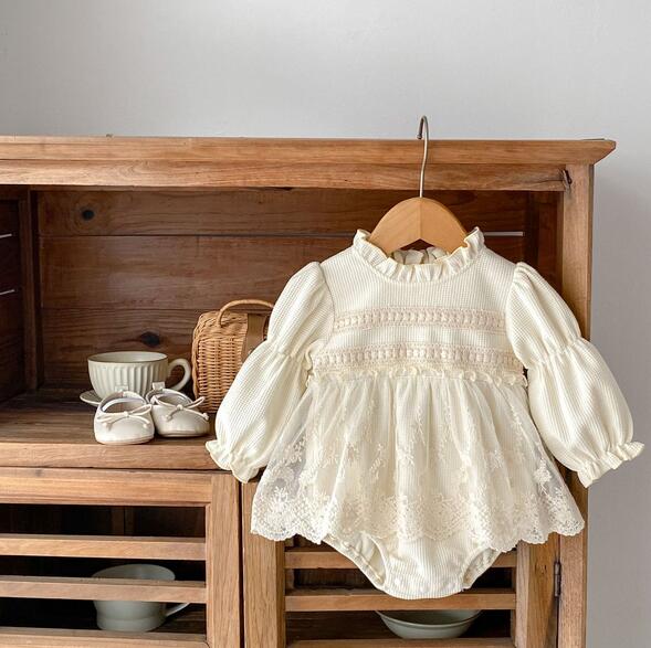 ベビー服 新生児用レース連体服 おしゃれお嬢様風 長袖ロンパース