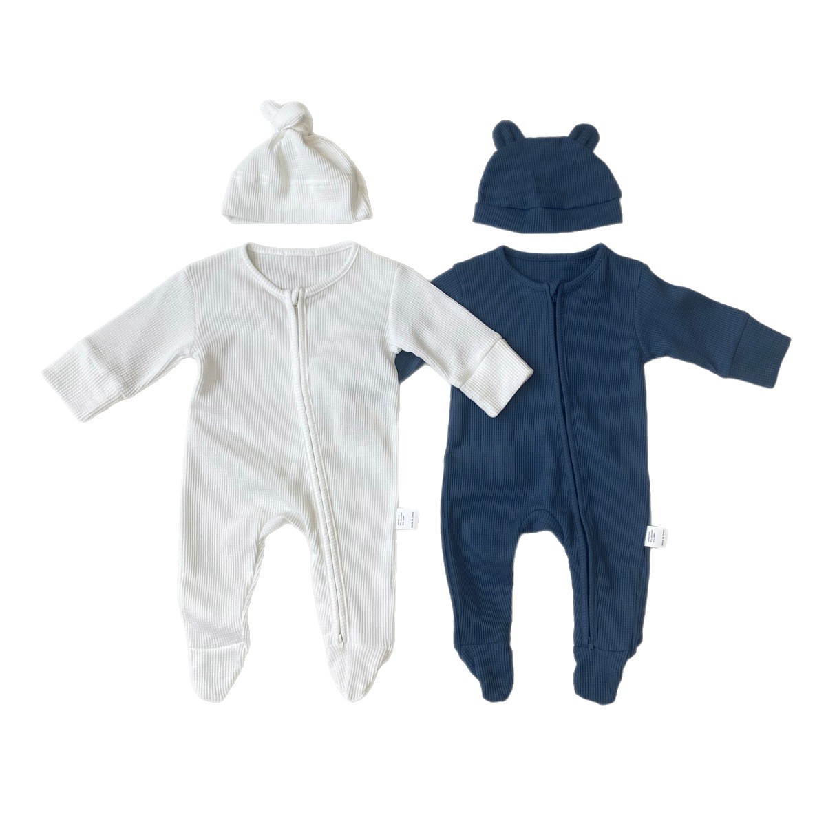 ベビー服新生児 くま耳付きワッフル編みロンパース帽子セット
