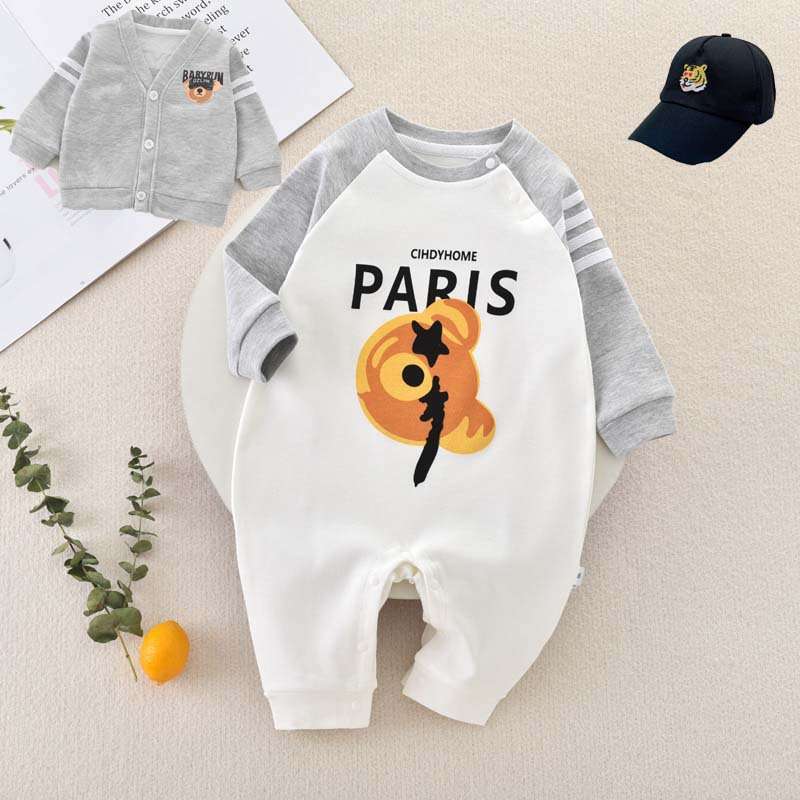 ベビー服  パリ柄クマモチーフ赤ちゃん用ロンパース