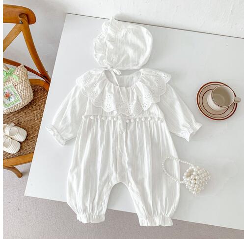 ベビー服 女の子用上品なレース襟付き帽子付きロンパースセット 