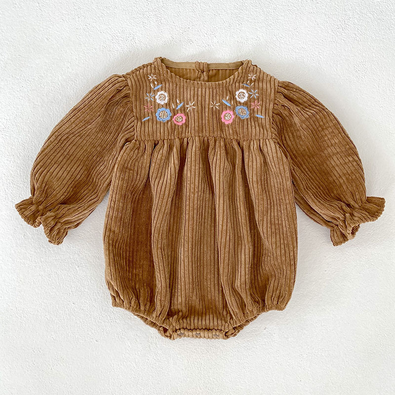 ベビー服 秋新作 姉妹お揃い花刺繍コーデュロイロンパース