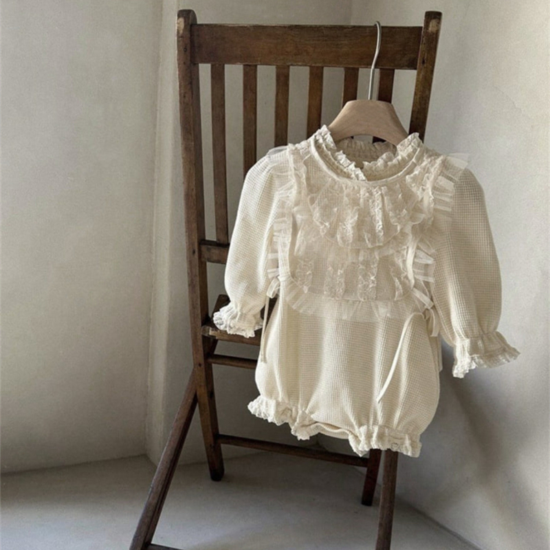 ベビー服 女の子用レース襟ロンパース長袖カバーオール