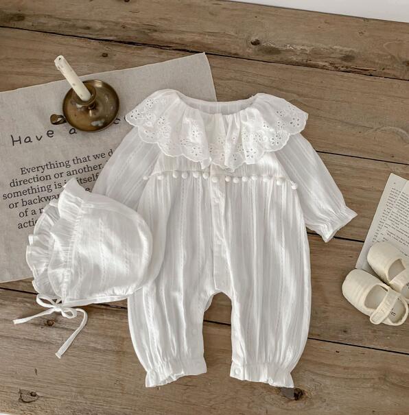 ベビー服 女の子用上品なレース襟付き帽子付きロンパースセット 