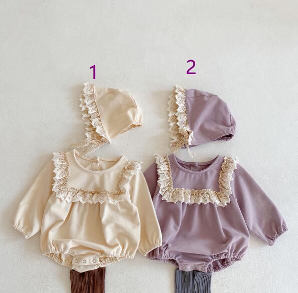 ベビー服 新生児連体服レース付きお嬢様風帽子セット