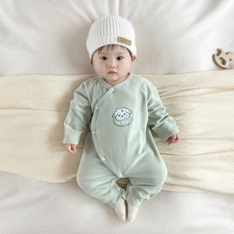 ベビー服 動物刺繍入り長袖ロンパース抗菌保温