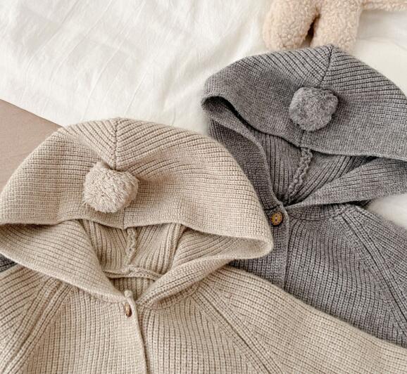 新作ベビー服ニット風くまさん耳付きセットアップ