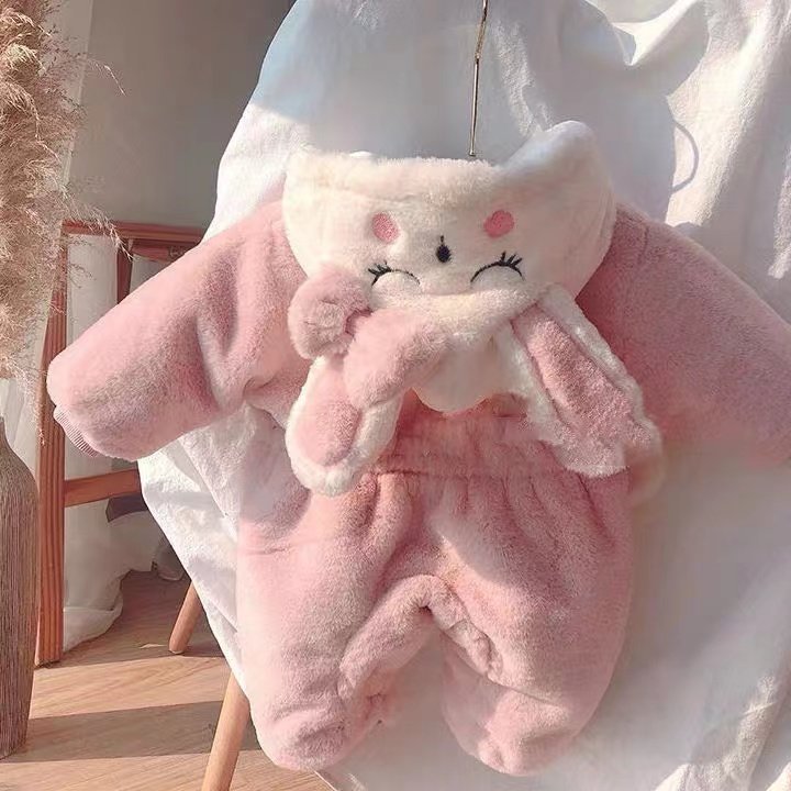 ベビー服 うさぎ耳付きもこもこフード防寒ロンパース
