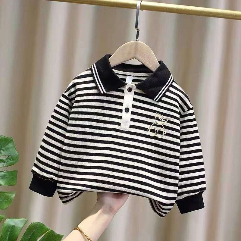 ベビー服  ボーダー柄ベビー用長袖ポロシャツ