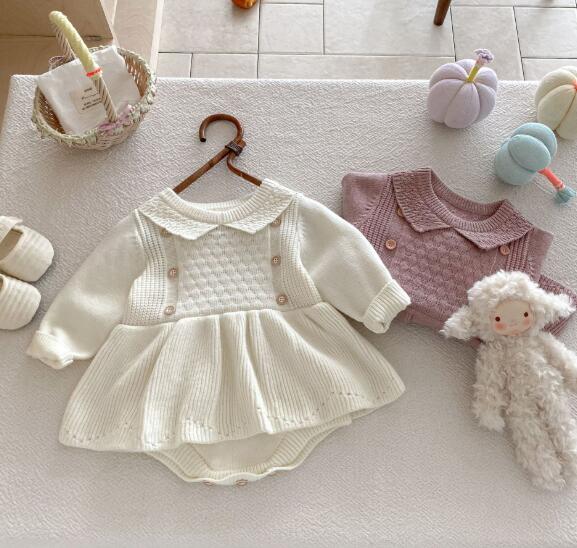 ベビー服 新作ニットロンパース長袖カバーオール襟付き２色展開