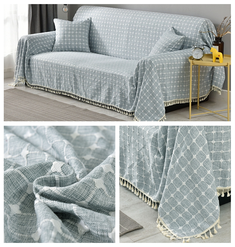 ソファーカバー 格子柄タッセル付きマルチカバー2人掛け用