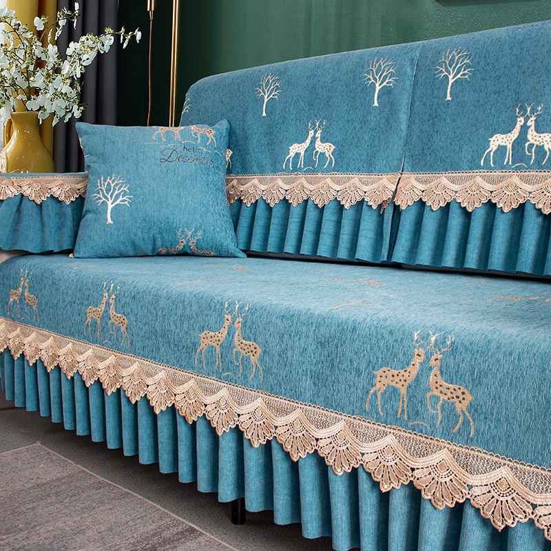 ソファーカバー 森の鹿と木々刺繍レース付きプリーツ装飾2人掛けソファーカバー