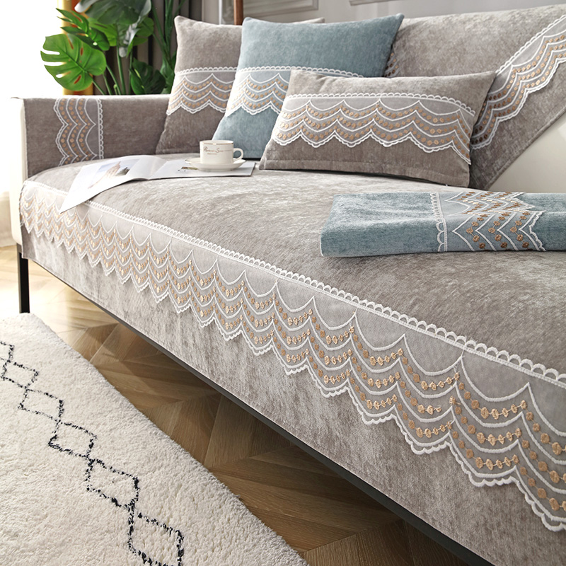 ソファーカバー 波紋刺繍レース装飾ソファーカバー
