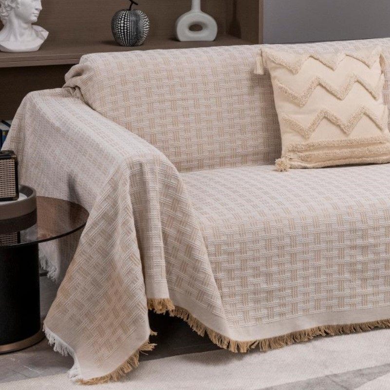 ソファーカバー 幾何学模様フリンジ付き2人掛けソファーカバー