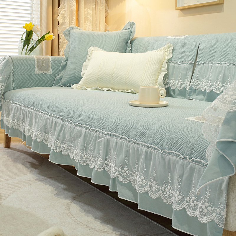 ソファーカバー 花刺繍レース付きキルティング二人掛けソファーカバー