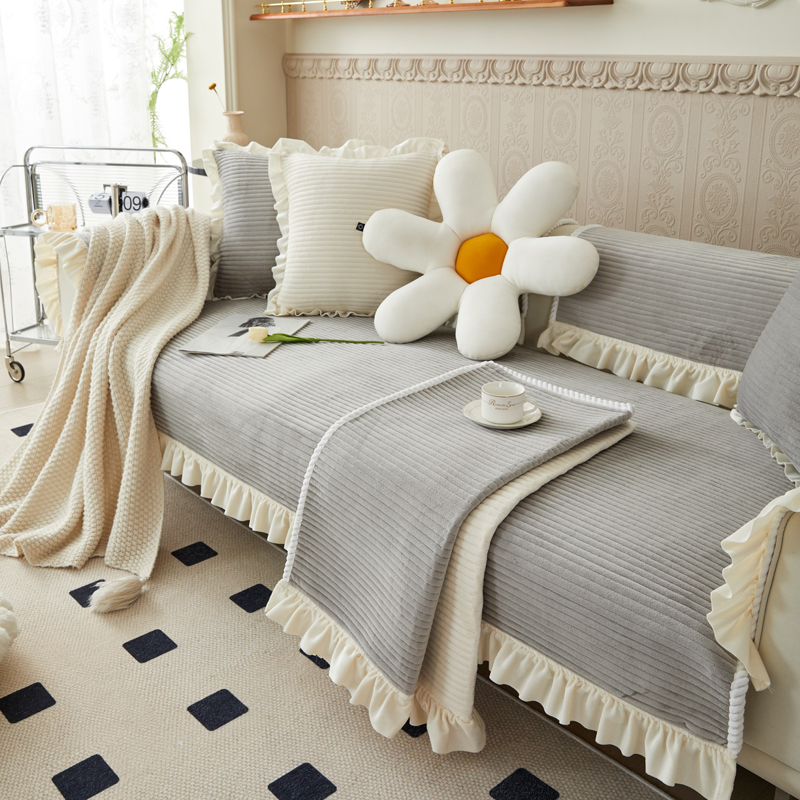 ソファーカバー 木耳フリル付きコーデュロイ織り2人掛けソファーカバー