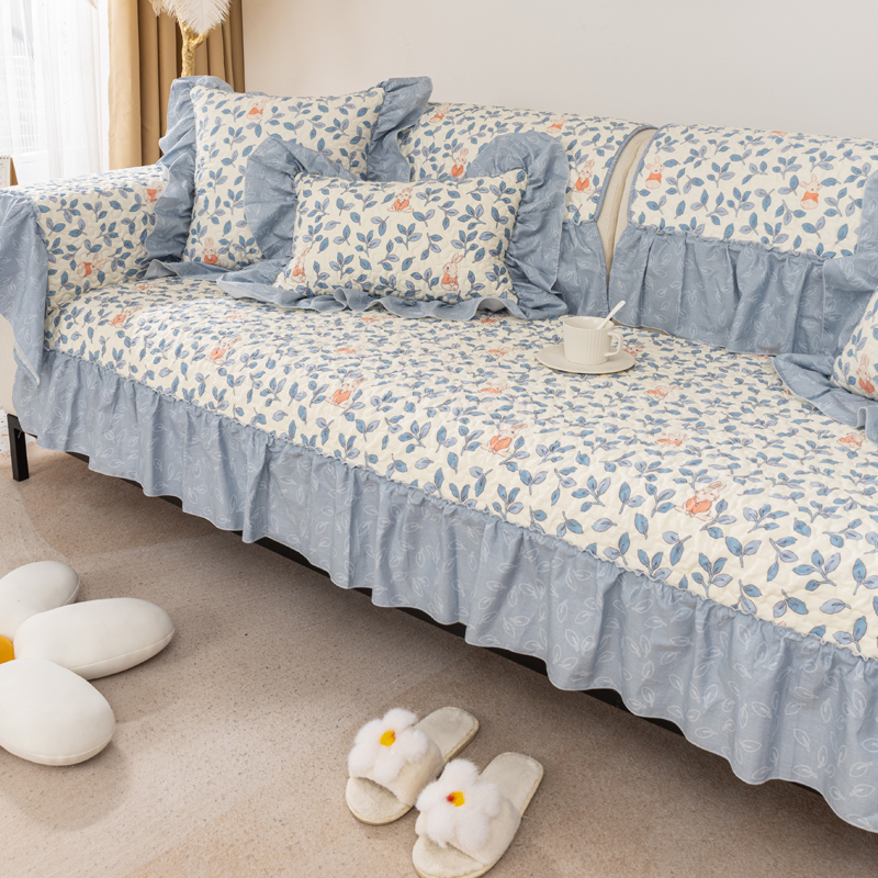 ソファーカバー 花柄フリル付き上品ソファーカバー二人掛け用