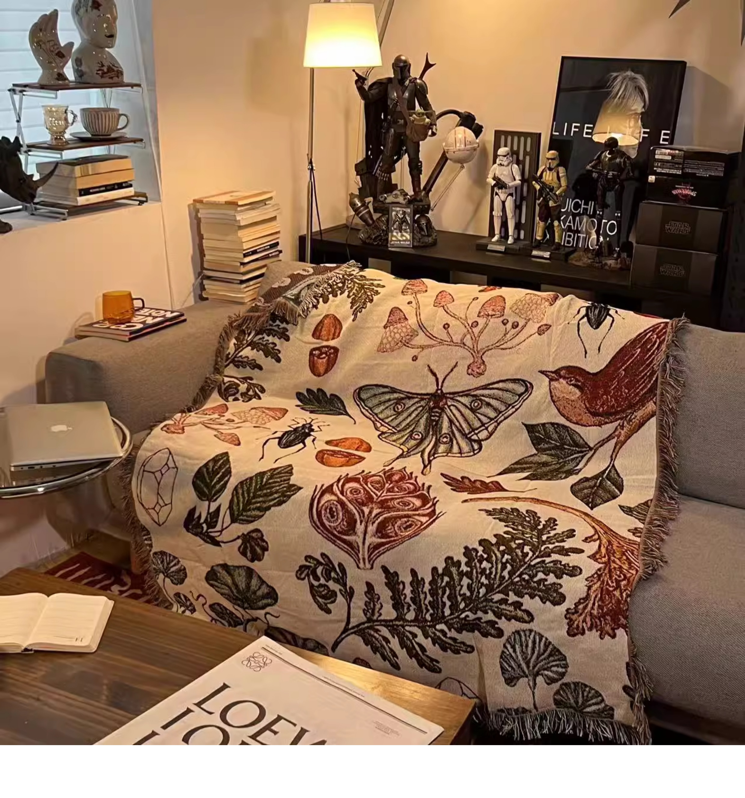 ソファーカバー 自然図鑑模様織り生地フリンジ付きソファーカバー