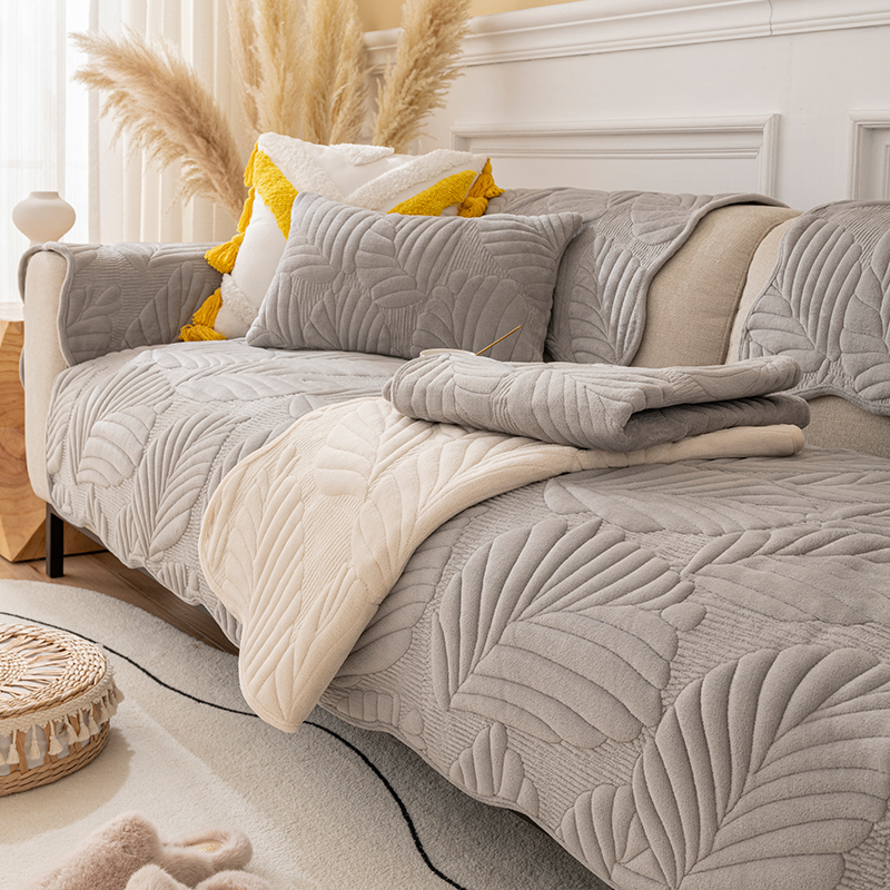 ソファーカバー トロピカルリーフ柄厚手キルティング二人掛けソファーカバー