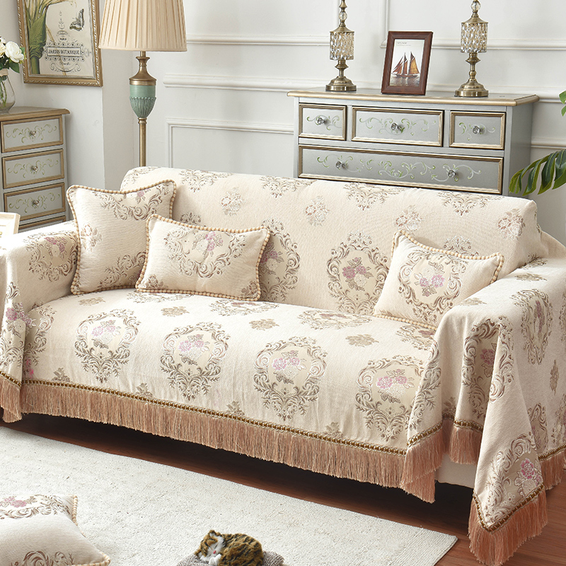 ソファーカバー 優雅な花柄ダマスク模様フリンジ付き二人掛けソファーカバー