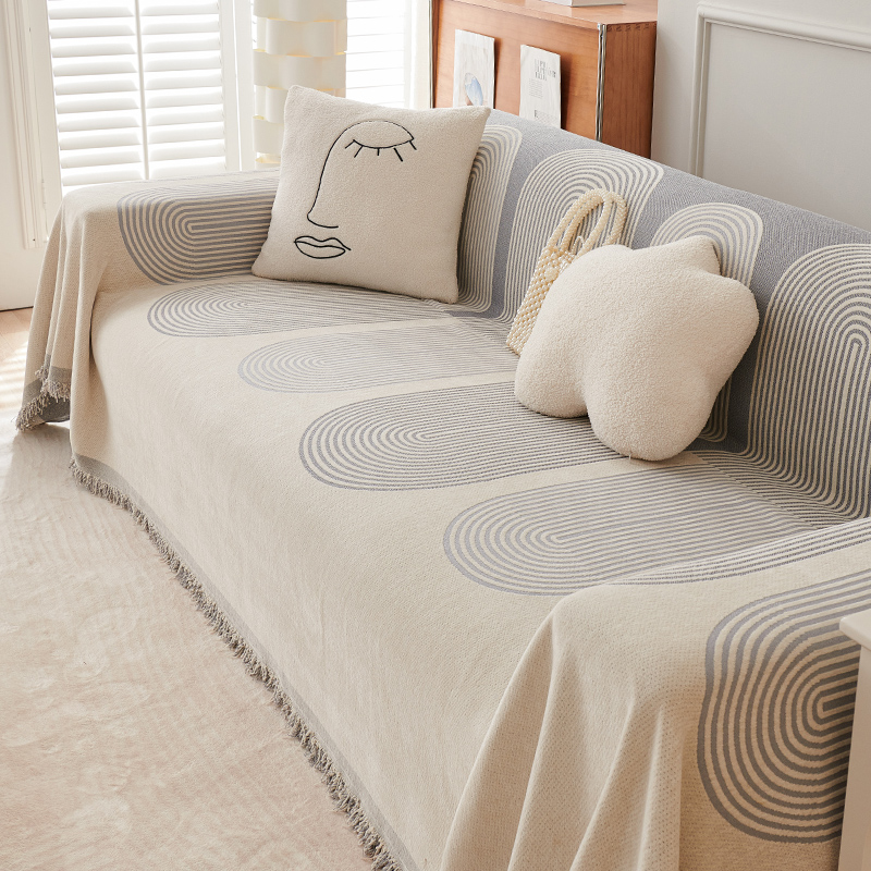 ソファーカバー 幾何学模様フリンジ付きマルチカバー