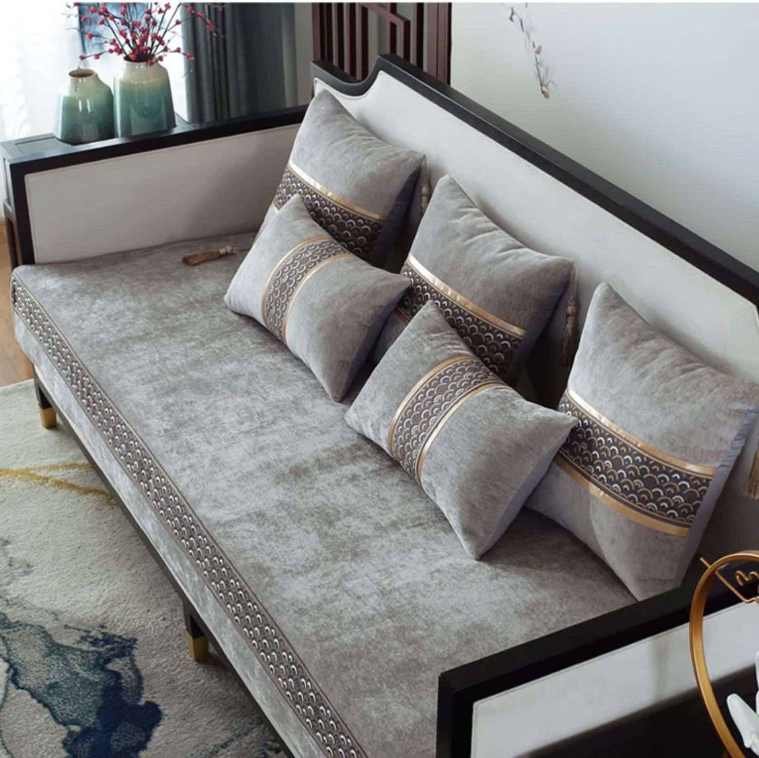 ソファーカバー 高級織柄装飾帯付き二人用座椅子保護カバー