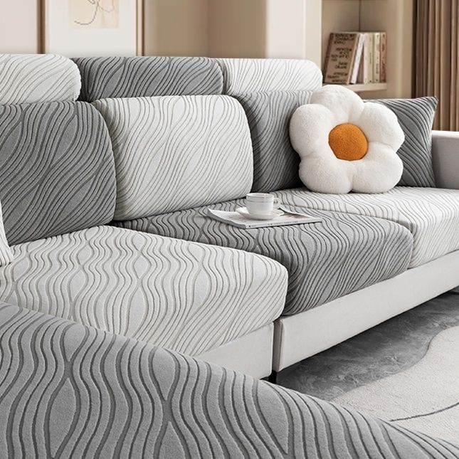 ソファーカバー 波模様編み込み伸縮性三人掛け用全包みソファーカバー