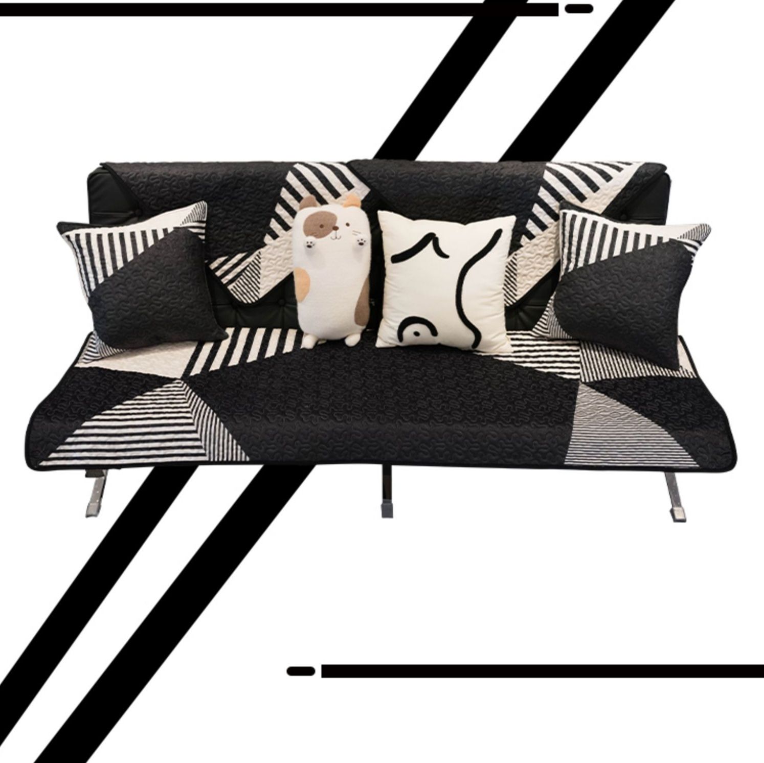 ソファーカバー 幾何学模様とストライプ柄の現代風ソファーカバー