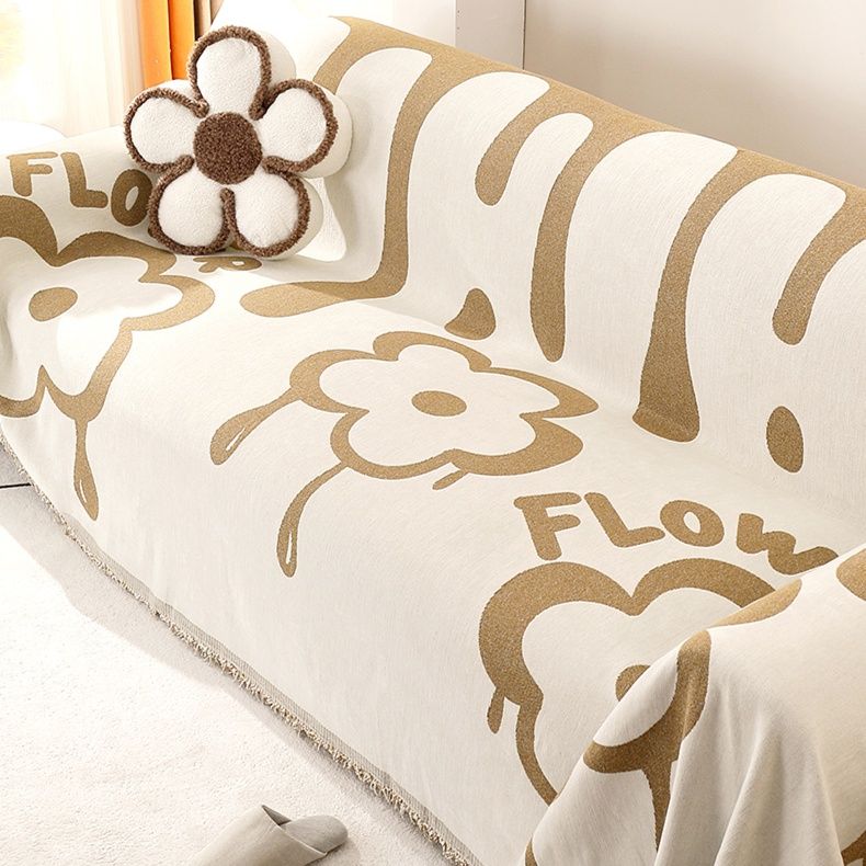 ソファーカバー 花柄しずく模様両面使用フリンジ付きソファーカバー