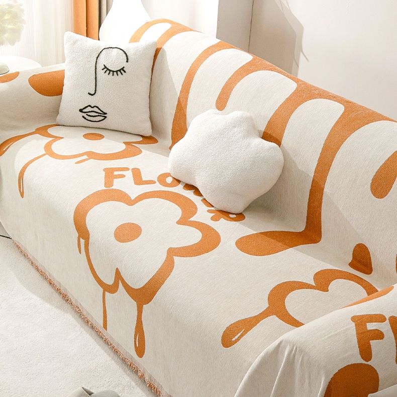 ソファーカバー 花柄しずく模様両面使用フリンジ付きソファーカバー