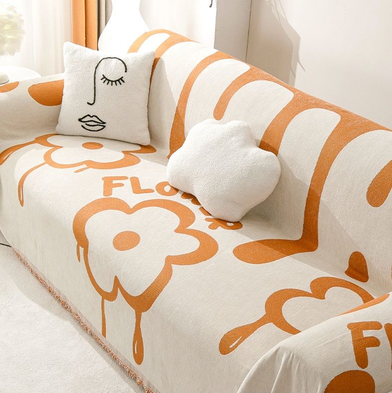 ソファーカバー 花柄しずく模様両面使用フリンジ付きソファーカバー