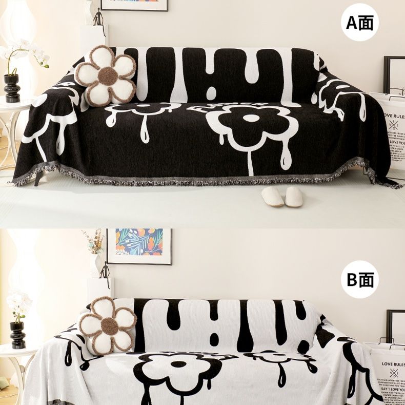 ソファーカバー 花柄しずく模様両面使用フリンジ付きソファーカバー