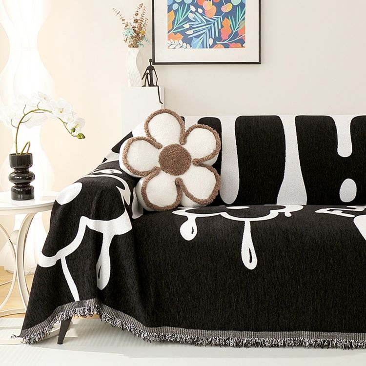 ソファーカバー 花柄しずく模様両面使用フリンジ付きソファーカバー