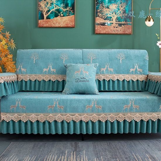 ソファーカバー 森の鹿と木々刺繍レース付きプリーツ装飾2人掛けソファーカバー