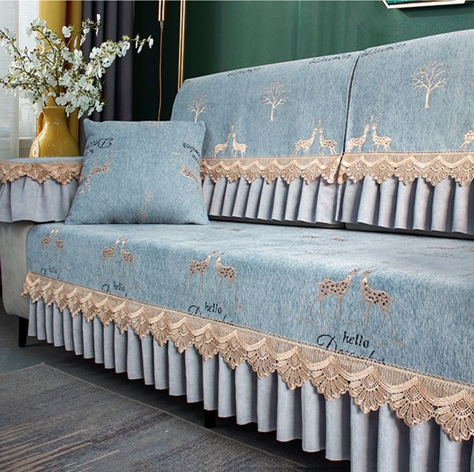 ソファーカバー 森の鹿と木々刺繍レース付きプリーツ装飾2人掛けソファーカバー