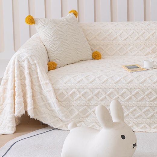 ソファーカバー ぽんぽん付き菱形模様編み込み二人掛けソファーカバー