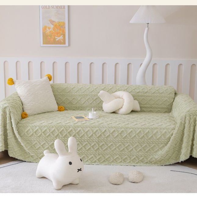 ソファーカバー ぽんぽん付き菱形模様編み込み二人掛けソファーカバー