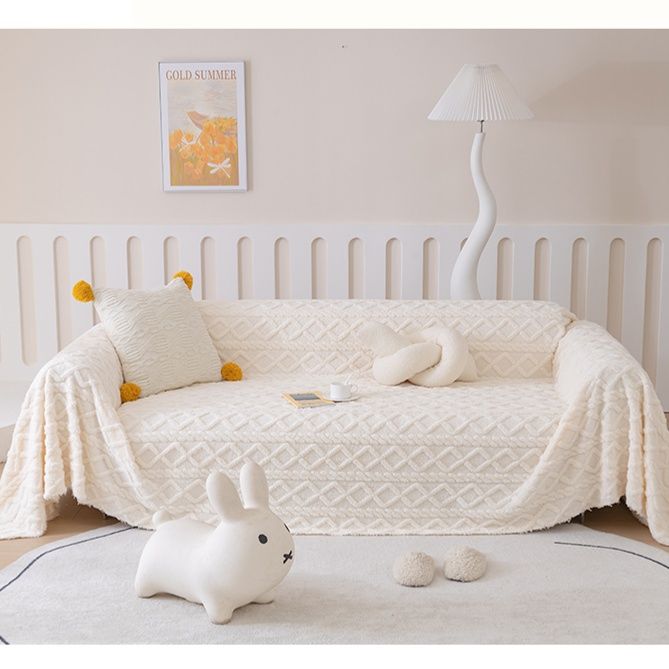 ソファーカバー ぽんぽん付き菱形模様編み込み二人掛けソファーカバー